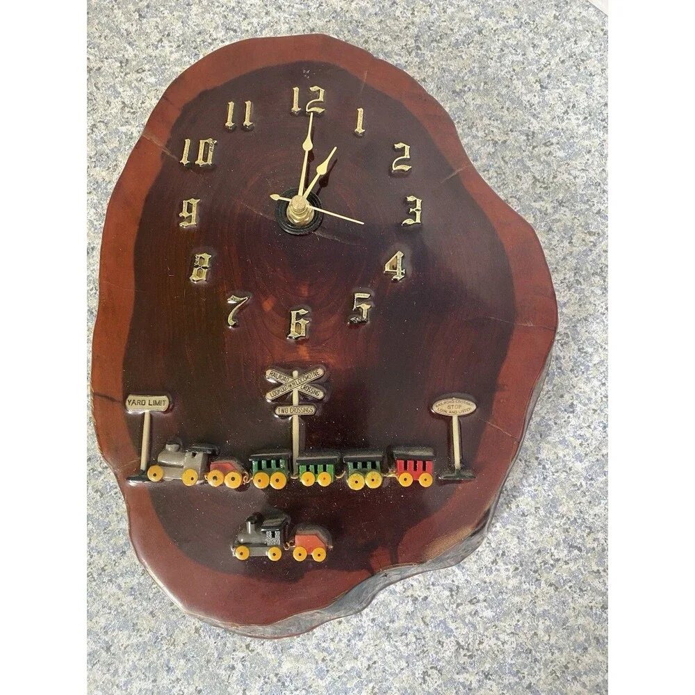 Vtg Hand Made Wood Slab Live Edge quarts wall  Clock w Train  Railroad Crossing